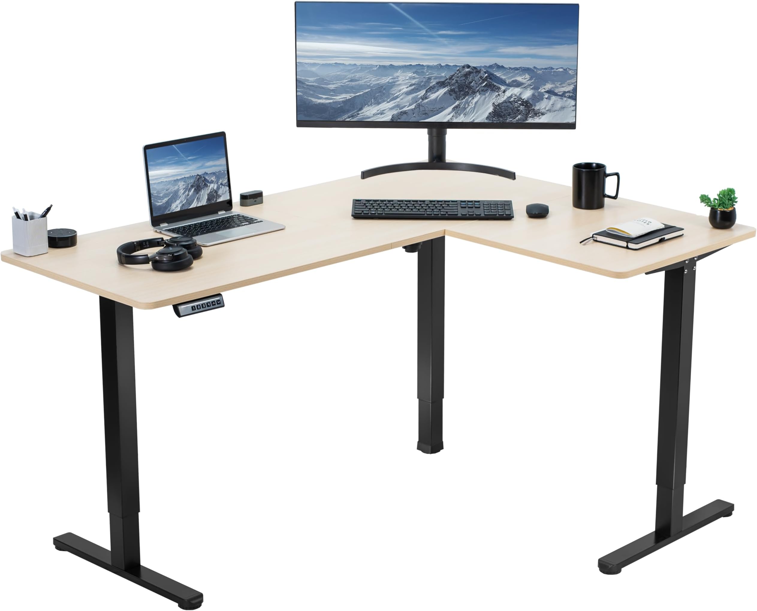 VIVO Electric Corner 63 x 47 inch L-Shaped Standing Desk, Memory Height Adjustment, Light Wood Top Black Frame, DESK-E3CTC-47