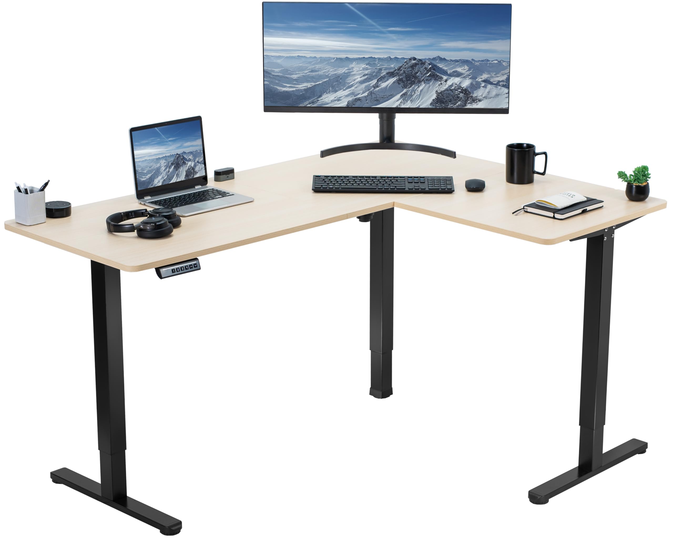 VIVO Electric Corner L-Shaped 63 x 47 in Standing Desk, Memory Height Adjustment, Light Wood Top Black Frame, DESK-E3CTC-47