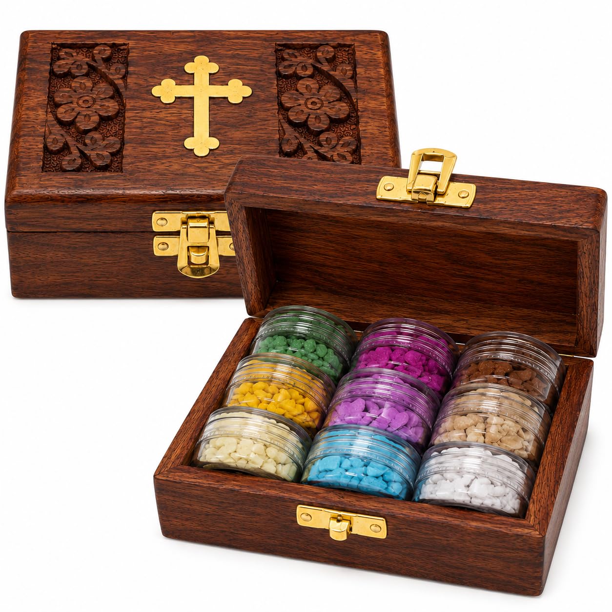 misticSparks Kloster Weihrauch Geschenkset mit Holzbox und Kreuz – 9 handgefertigte Weihrauchsorten für Gebet, Kirche, Meditation und spirituelles Geschenk
