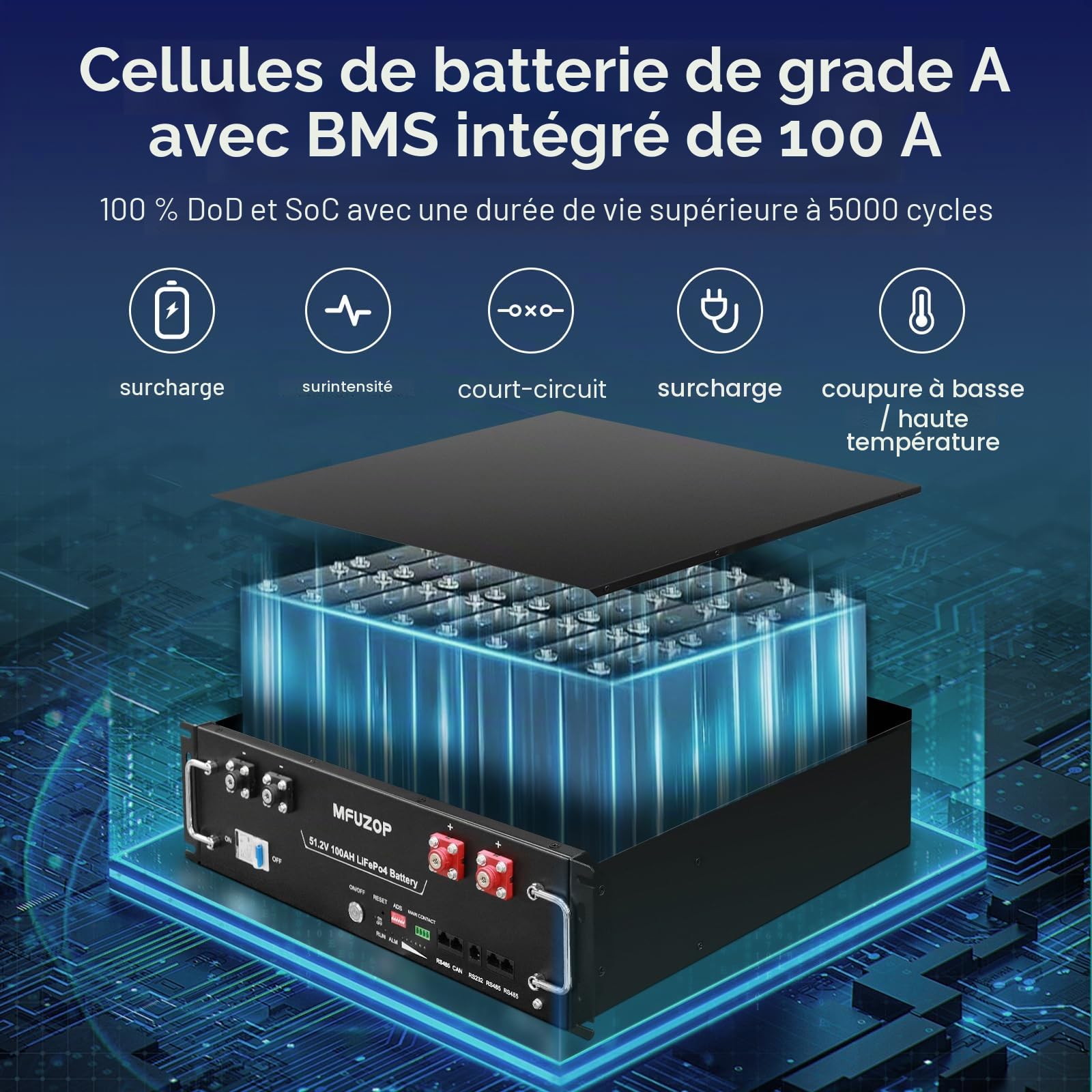Batterie Lithium 48V 100Ah LiFePO4 5,12 kWh, Batterie Rack Serveur avec BMS 100A Intégré, Bluetooth & App, 15000+ Cycles, pour Énergie Solaire, Off-Grid, Camping-Car (48V 100Ah (1 Pack))