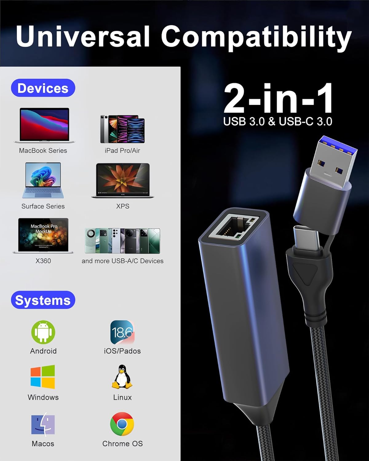 2.5gb USB to Ethernet Adapter, 2.5g Aluminum 2-in-1 USB & USB C to RJ45 Network Adapter 2500Mbps LAN Converter for MacBook Air/Pro, HP, XPS, Surface, iPad, iPhone 17/16