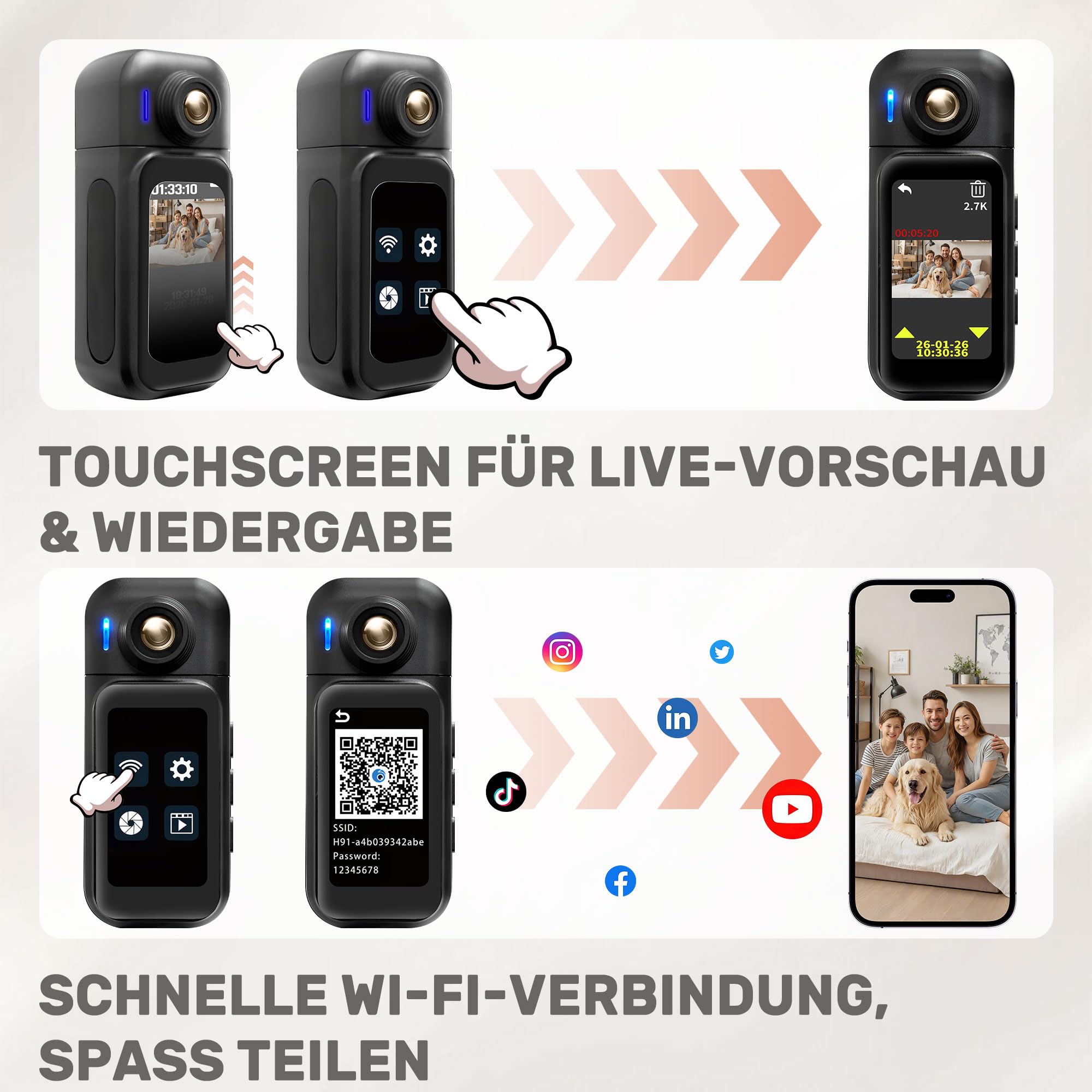 Mini Action Cam 1080P,Body Cam für Outdoor | Wasserdicht 30M,180 Min Akku,Körperkamera Mini mit 180° Objektiv,1,47 Zoll Berührbar Display Vlog Kamera Fahrrad,Reisen