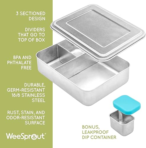 Miniatura 2 de WeeSprout Caja Bento de acero inoxidable 188 (grande)  Lonchera metálica de 3 compartimentos, para niños y adultos, contenedor de inmersión