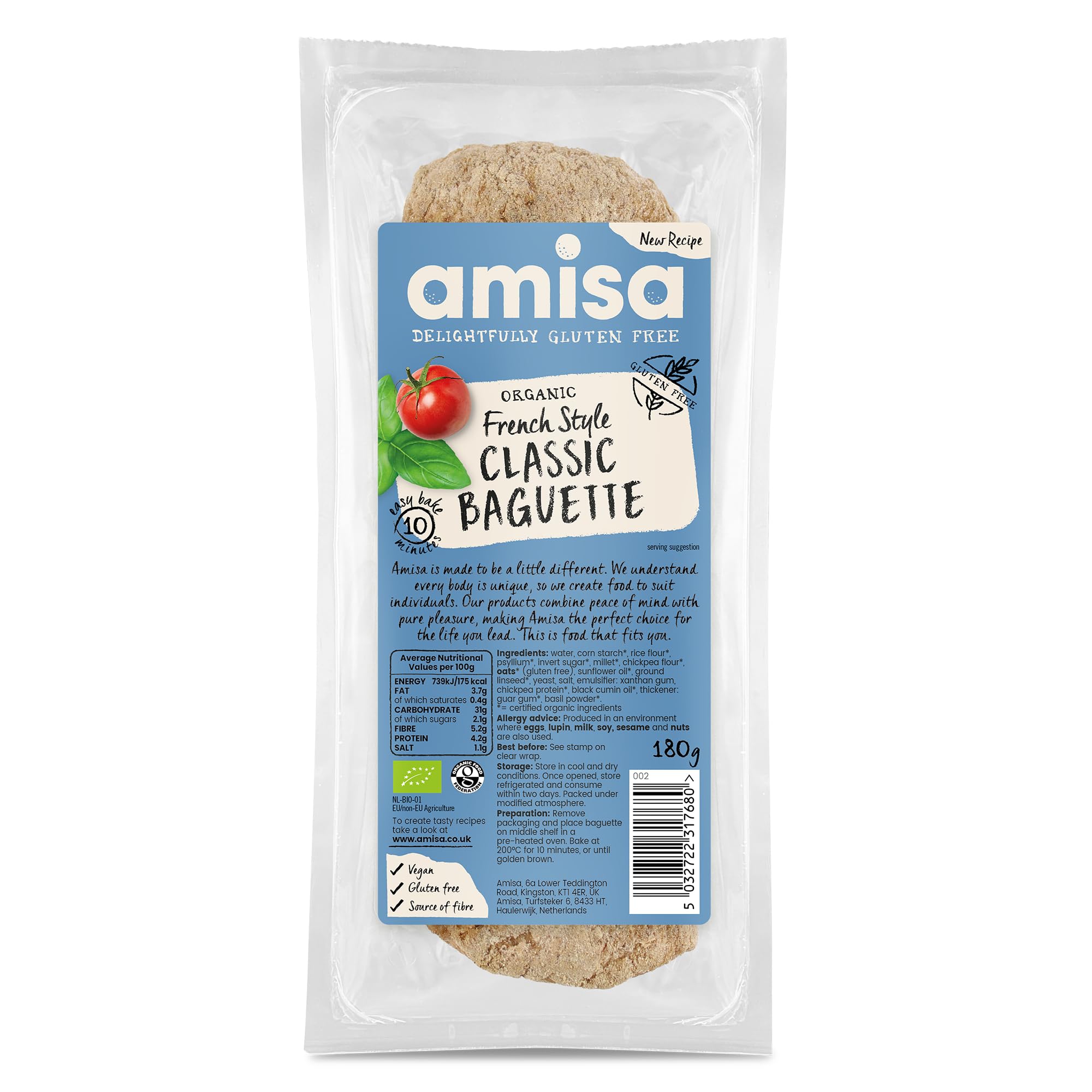 Amisa Organic Gluten-Free French Style Classic Baguette,180g - High in Fibre & Vegan-Friendly