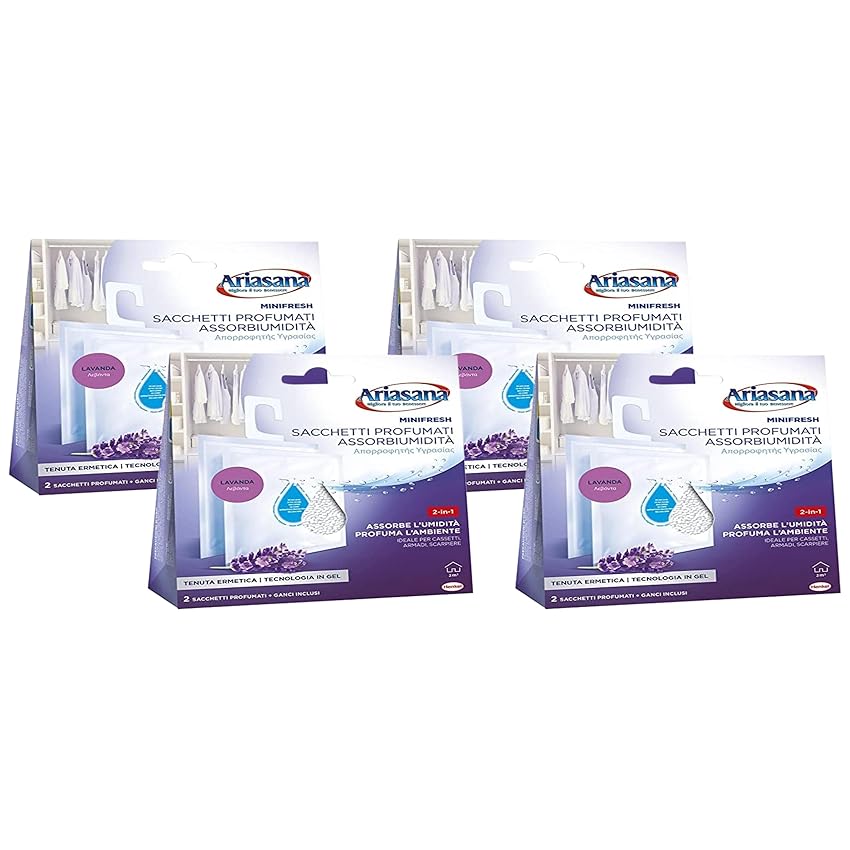 Ariasana Minifresh Relax alla Lavanda Sacchetti profumati 2in1, Sacchetti con doppia azione assorbiumidità e antiodore, Deodorante cassetti e armadi, 2 sacchetti da 50g (Confezione da 4)