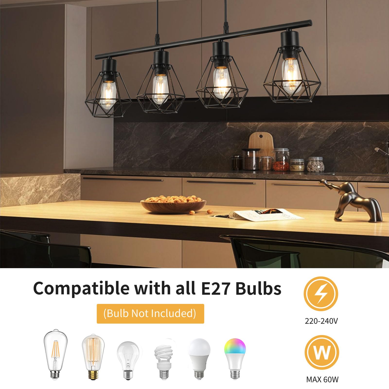 FORCOSO Pendant Light Dining Table 4 Bulbs Dining Room Lamp Black Metal Pendant Lamp E27 Dining Table Lamp Hanging Light Height Adjustable Industrial Vintage Dining Table Lamp Hanging Kitchen in use