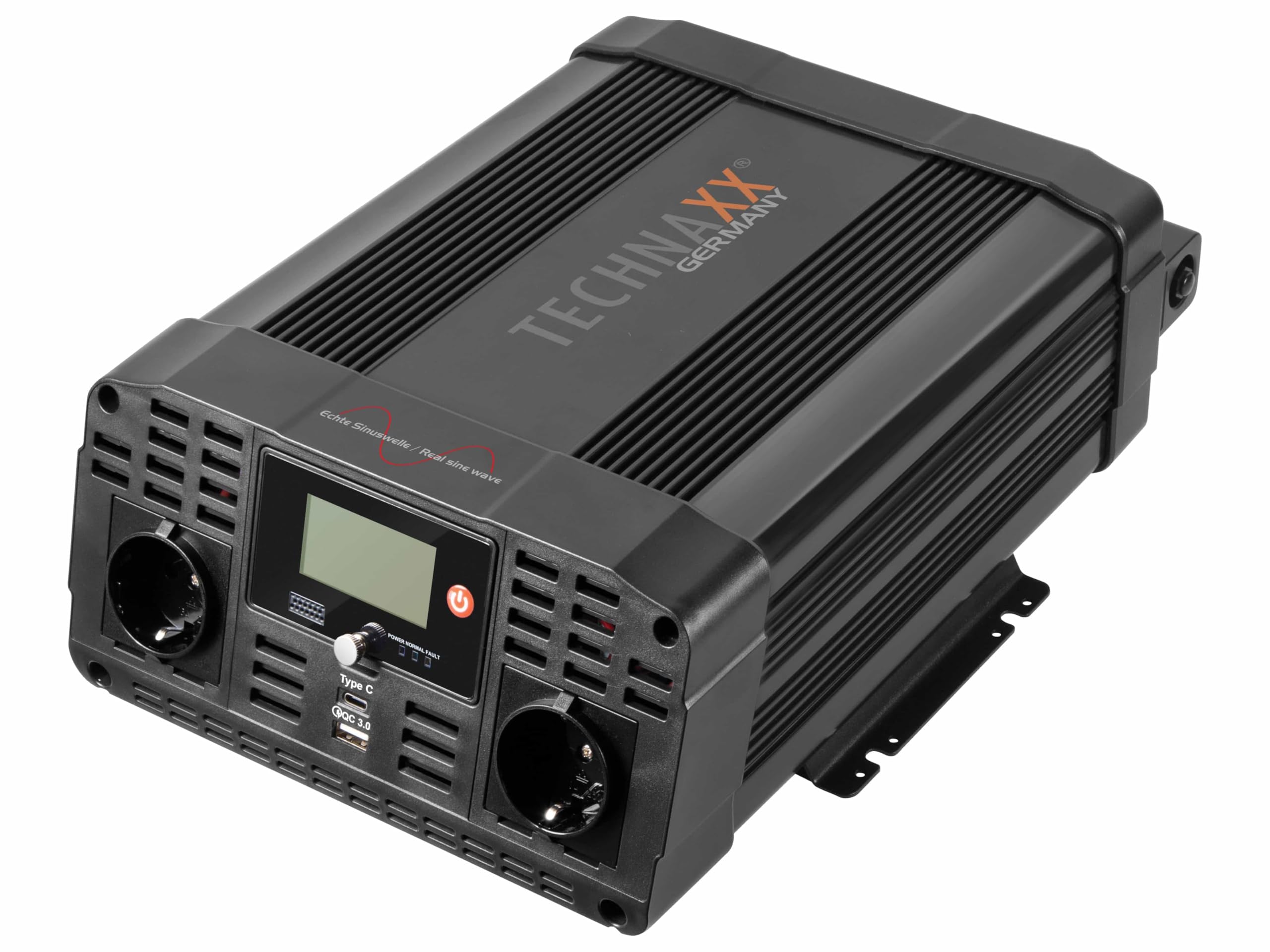 Technaxx Convertisseur Voiture 12V vers 230V Onde Sinusoïdale Pure 3000W Puissance Continue 6000W Crête Inverter Auto avec Écran LCD 2 Prises Schuko USB-A QC 3.0 USB-C pour Camping Camping-Car TE23