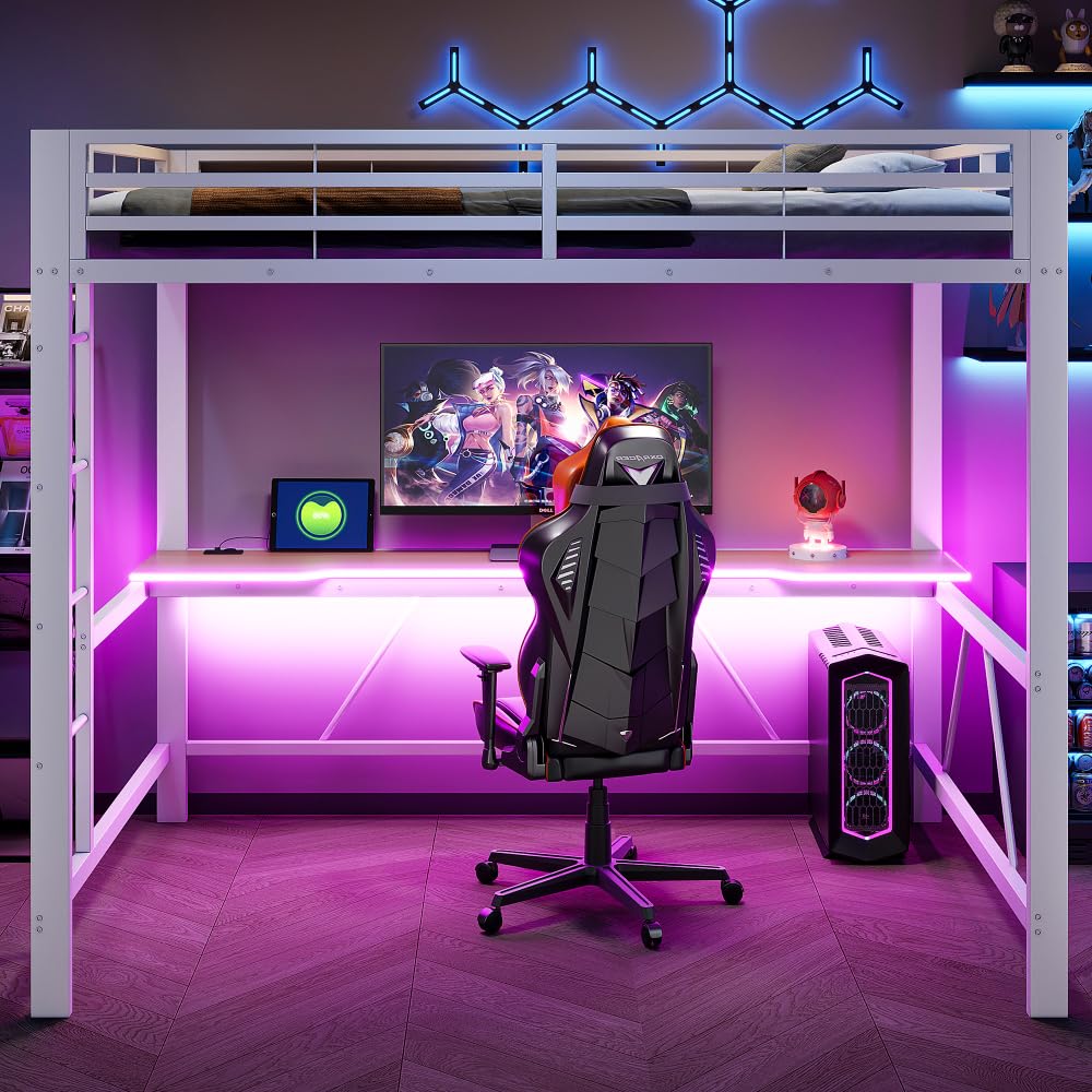 Litera de 140 x 200 cm con tira LED, USB, cama alta para niños con escritorio, ahorra espacio, estructura de cama de metal para juegos con riel, sin colchón, apto para dormitorios y otros (blanco)