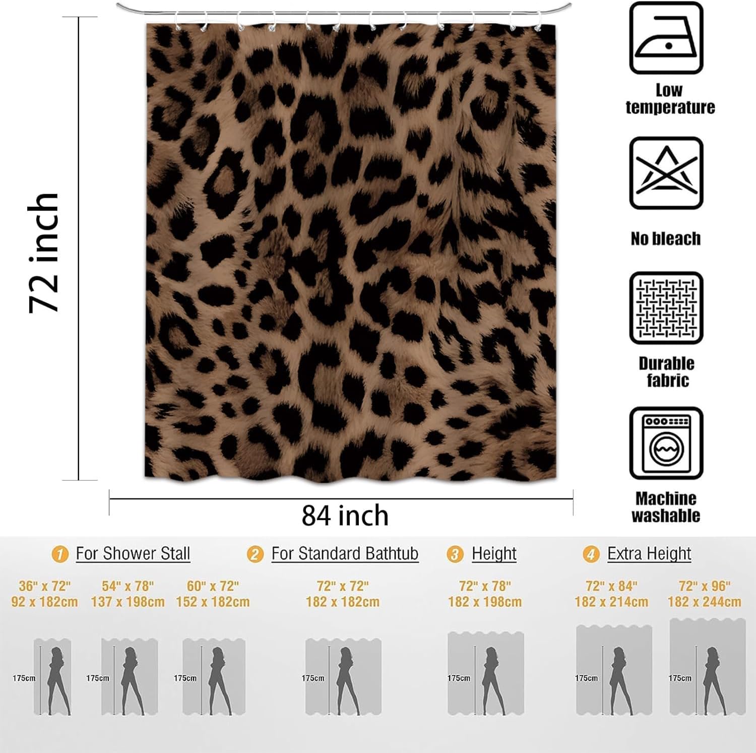 Sexy Leopard Print Shower Curtain，Wild Animal Cheetah Print Brown Black Fur Bathroom Accessory Set，Polyester Fabric Waterproof Bath Curtain 72X84 Inch with 12 Hooks