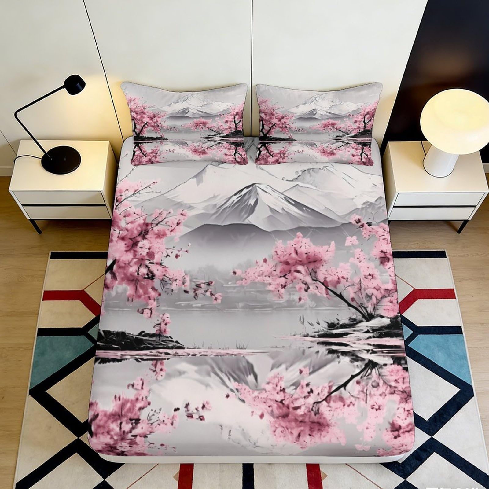 Pnayamiorkfel Style-2 3D Printed Sakura Mountain Fitted Sheet Microfiber Soft Decorative Landscape Bed Cover For Bedroom Guestroom 90X200x25cm