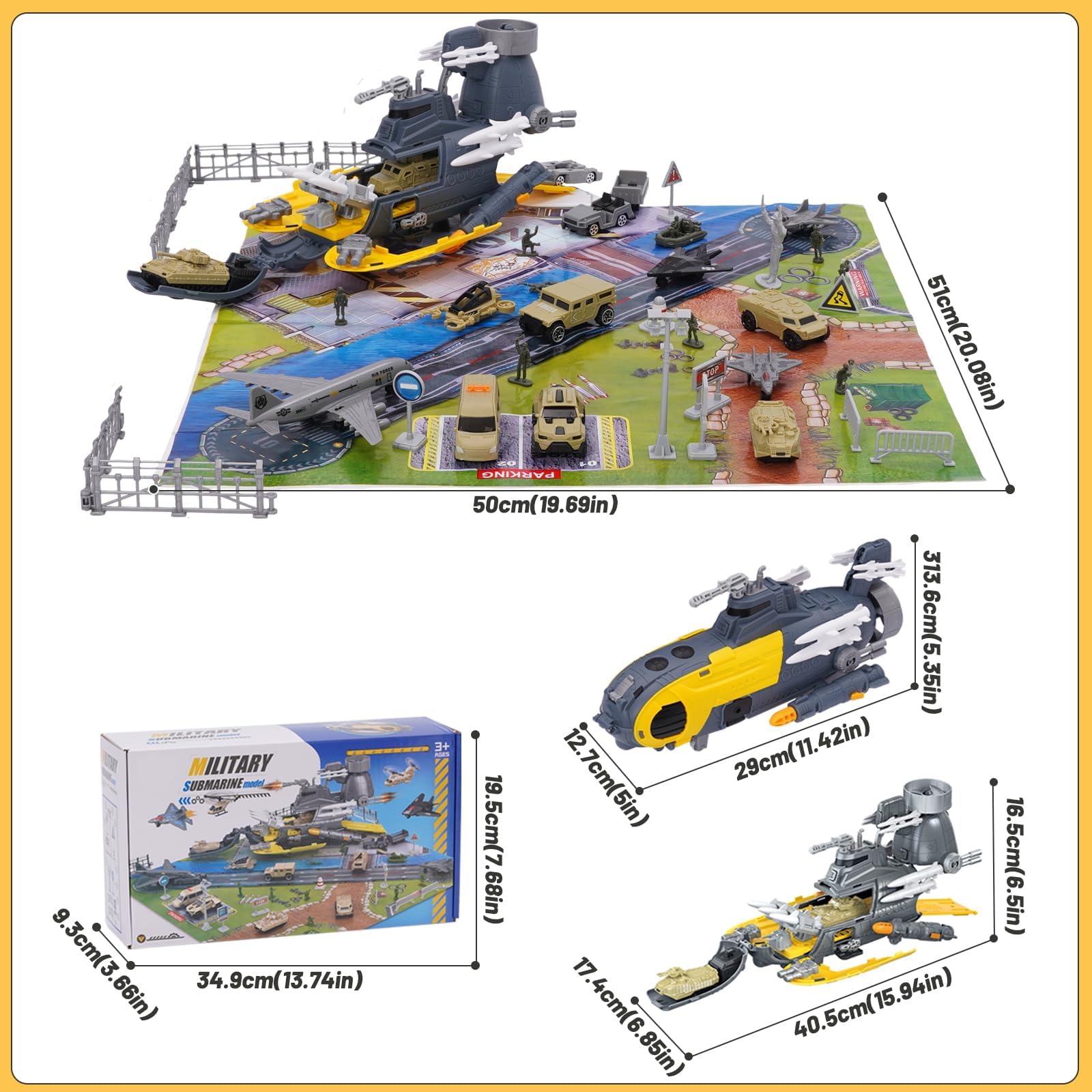 Modèle de sous-Marin Militaire,Jouet Militaire Marine,Contient 18 Types de Transport avec Panneaux de Signalisation et Tapis de Jeu,Jouet Avion,Ensemble de Jouets Porte-Avions pour Enfants 3+