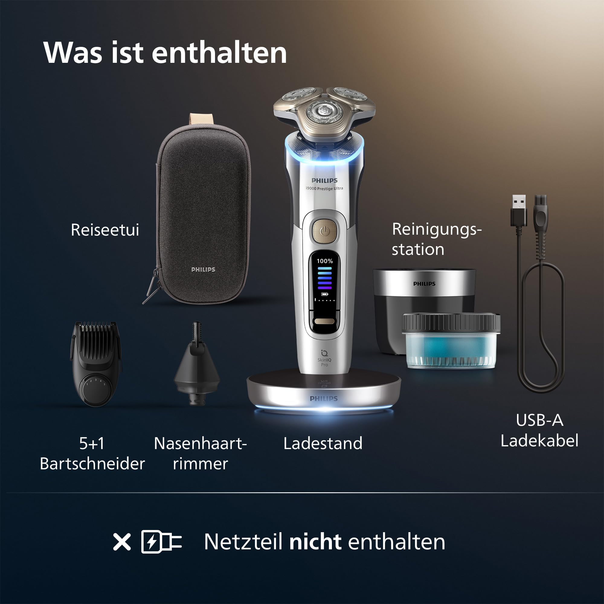 Philips Rasierer i9000 Prestige Ultra für Herren, Nass- und Trockenrasur, chrom, Druck- und Bewegungssensor, 5+1 Bartstyler, Nasenhaartrimmer, Reinigungsstation, Ladestation und Reiseetui (XP9404/38)