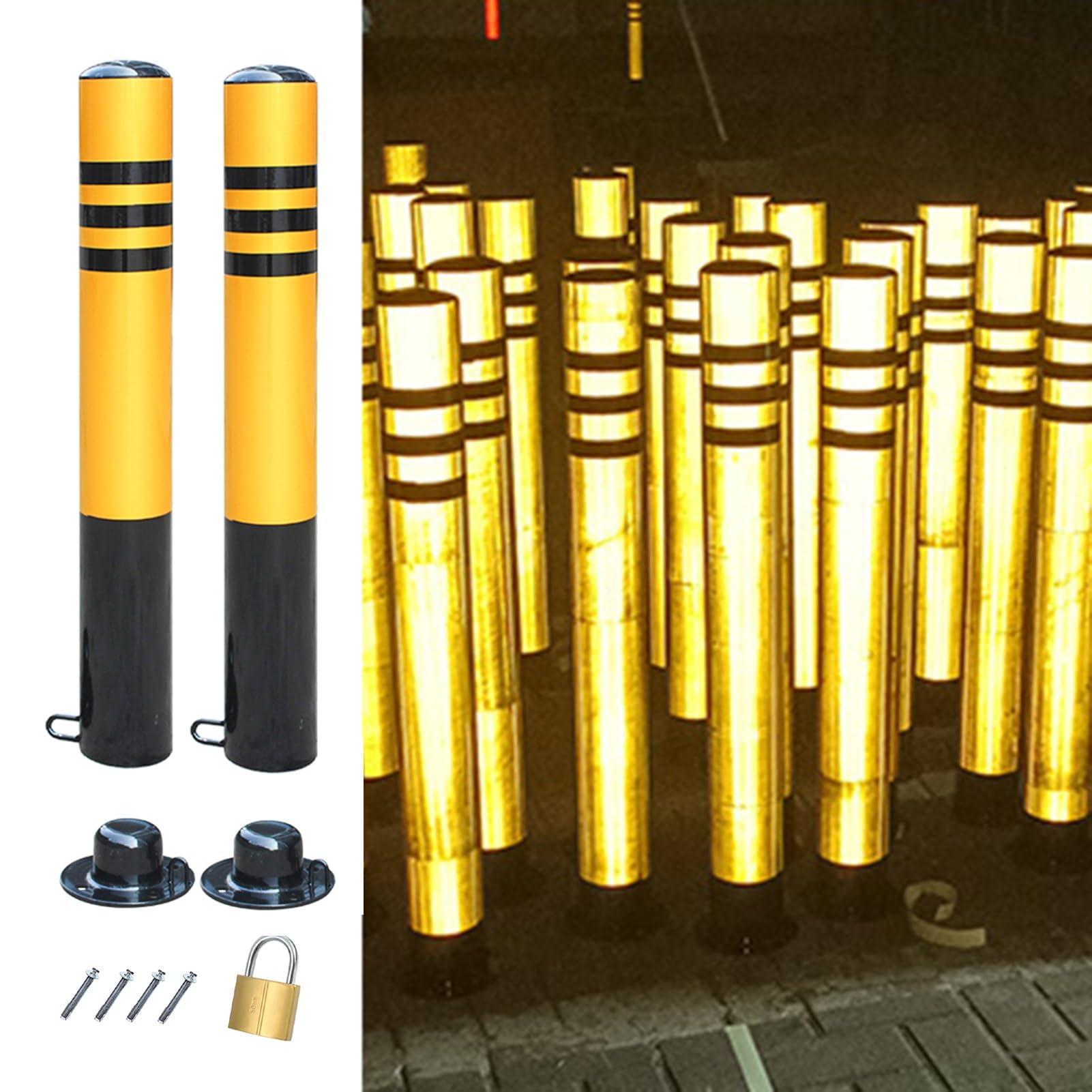 WQPMNYG Reflective Security Bollard Set with Lockable Barrier for Traffic Control and Driveway Protection
