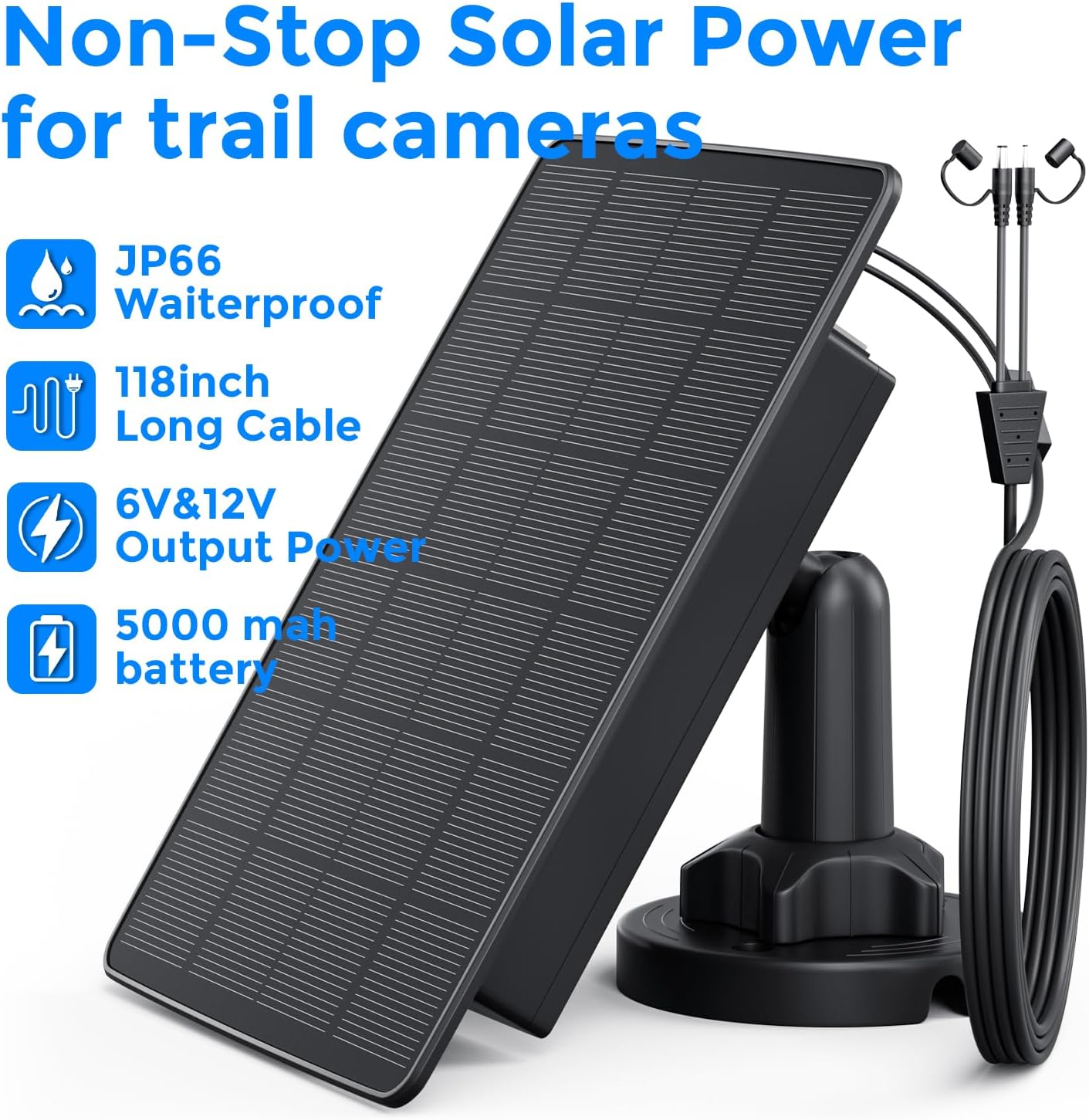 Solar Panel for Trail Cameras, 5000mAh Solar Battery Charger Kit with 12V 1A & 6V 1.5A Dual Output, Built-in Lithium Battery | IP65 Waterproof, Compatible with Bushnell, Stealth Cam, Wildgame