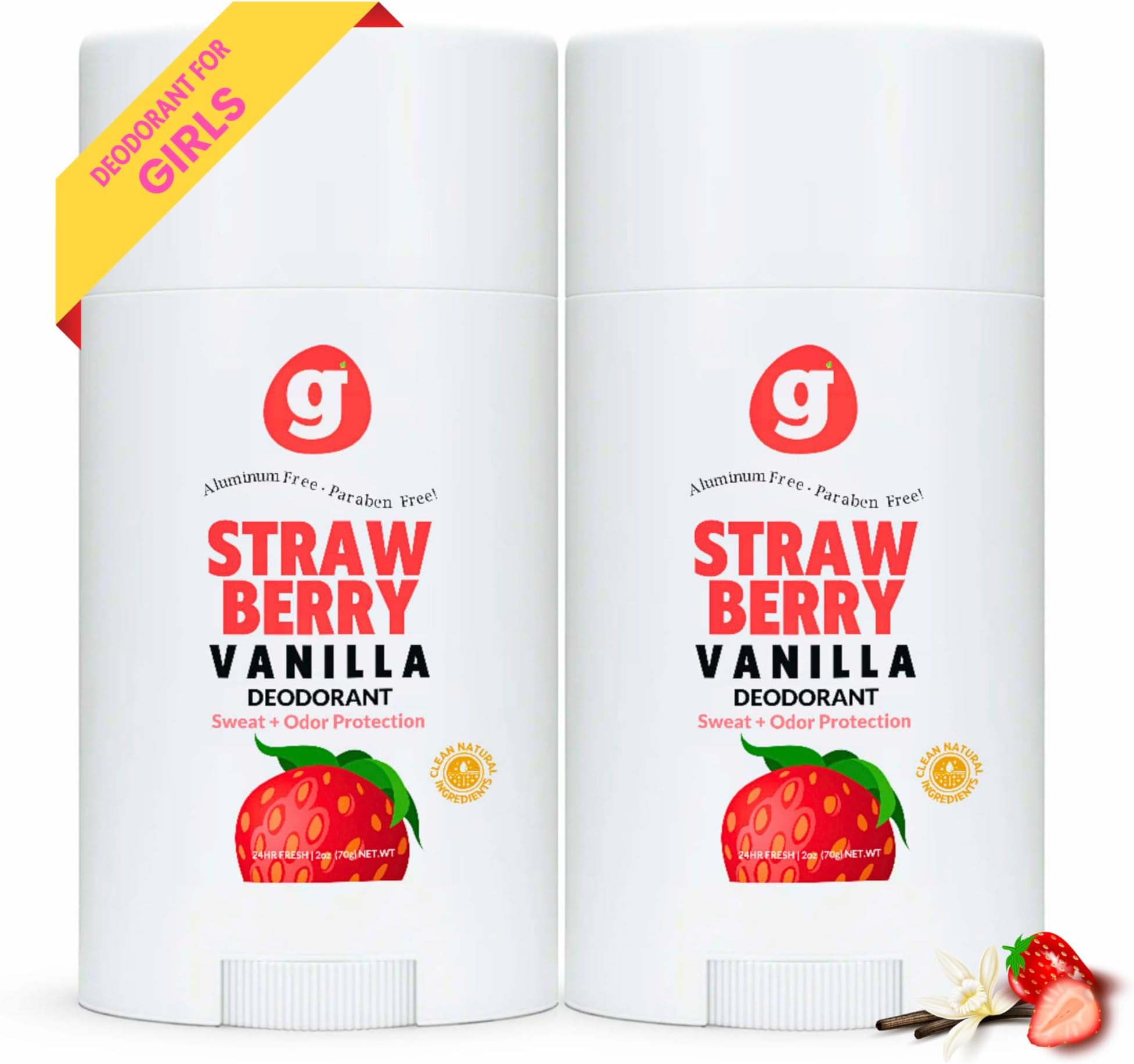 Growing Basics Natural Deodorant for Girls, Safe for Kids and Teens, Hypoallergenic Aluminum-Free, 24-Hour Odor Protection, Organic Non-Toxic High Performance, Strawberry Vanilla. (Set of 2)