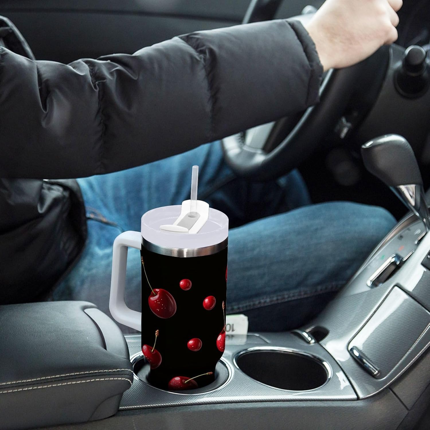 40 oz Tumbler Cherry Fruit Insulated Travel Mug with Handle and Straw Lid Stainless Steel Vacuum Coffee Cup Tea Beverage Container Water Bottles for Car Sports office