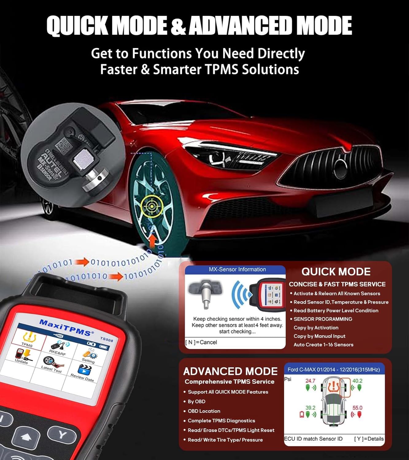 Autel MaxiTPMS TS508WFK-4 TS508WF with 4pcs MX Sensor + 4pcs Metal Valves Upgrade of TS508K TS508 Read Activate Relearn All Known Sensors Detect & Display TPMS System Faults Perform OBDII Relearns