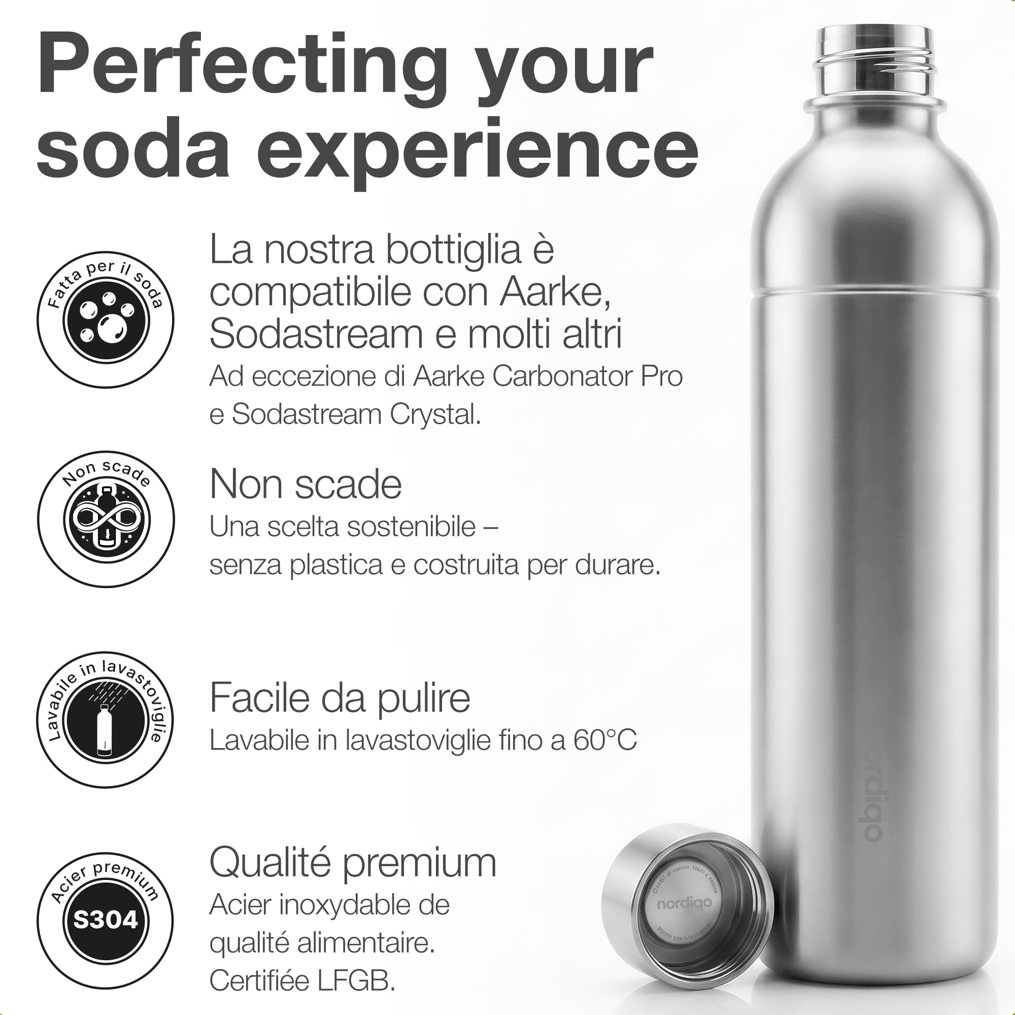 Bottiglia Inox 1L | Compatibile con Aarke Carbonator 3, SodaStream Duo & Bottiglie Plastica | Non per Crystal & Jet | Senza scadenza | Senza plastica