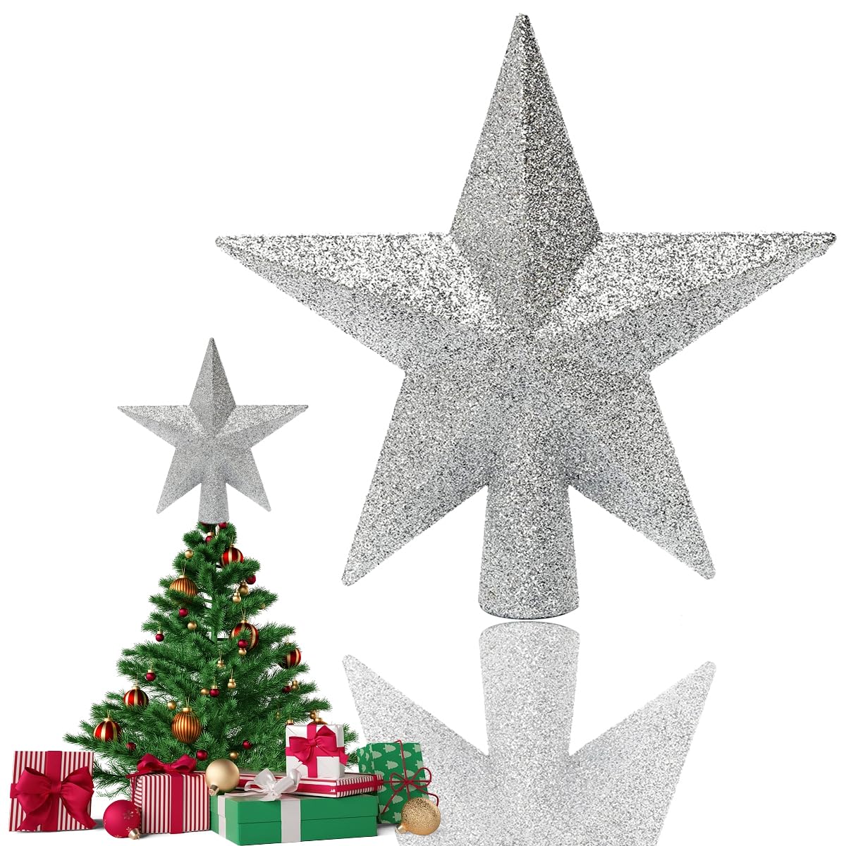 VEYLIN Weihnachtsbaumspitze 20cm - Weißer Glitzer-Stern Als Christbaum-Abschluss