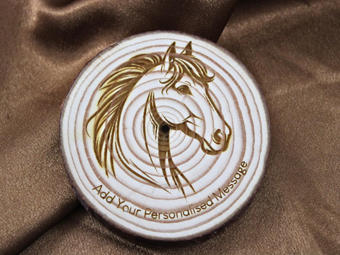Round Personalised Handmade Horse Face Engraved Wood Slice Coaster