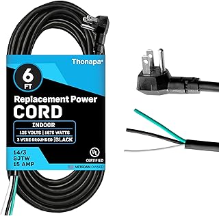 Thonapa Flat Plug Power Cord Replacement 6 ft, 14 Gauge Appliance Cord 15 Amp Black, 14/3 Heavy Duty Replacement Power Supply Cord for Universal AC - UL Certified, US Veteran Owned