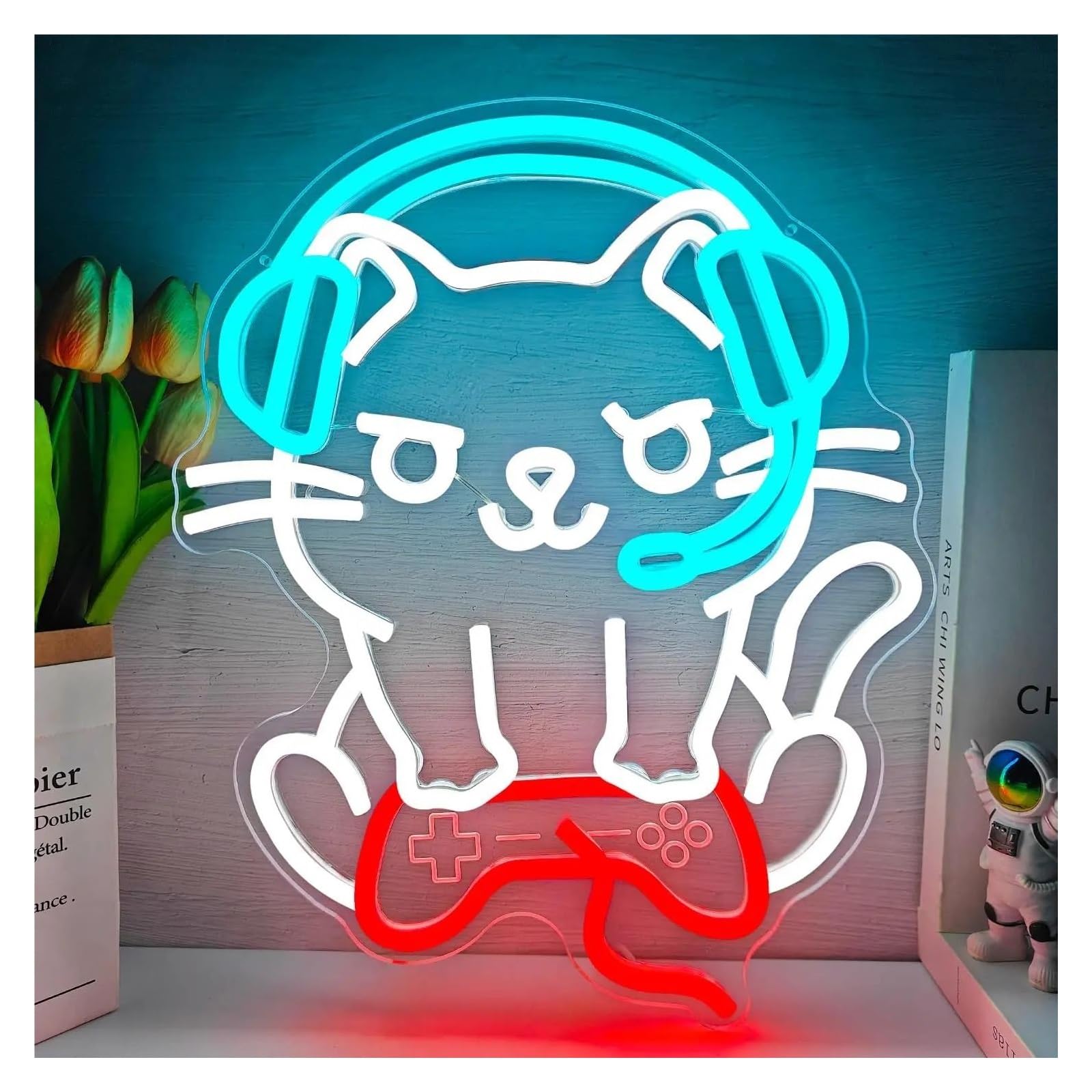 LEMST Sign Lamp Funny Cat Gaming Controller Neon Sign USB Powered LED Light Dimmable for Game Room Bedroom Bar Club Party Decor 39cmx31.7cm/15.35inx12.48in