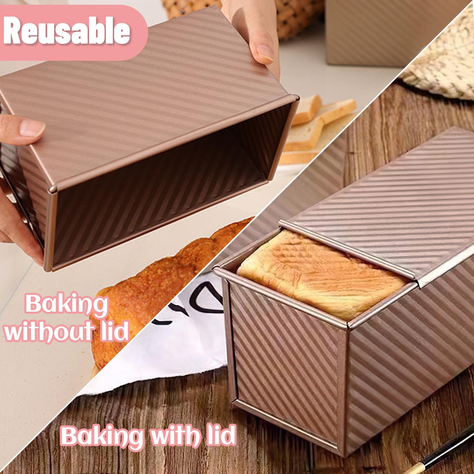 Stampo Per Pane in Cassetta con Coperchio, 21 x 12 x 11,5 CM Stampo Per Pane Toast Ondulato, Antiaderente Stampi per Plumcake 450g Pasta, Stampi Pane Acciaio al Carbonio, Oro Rosa