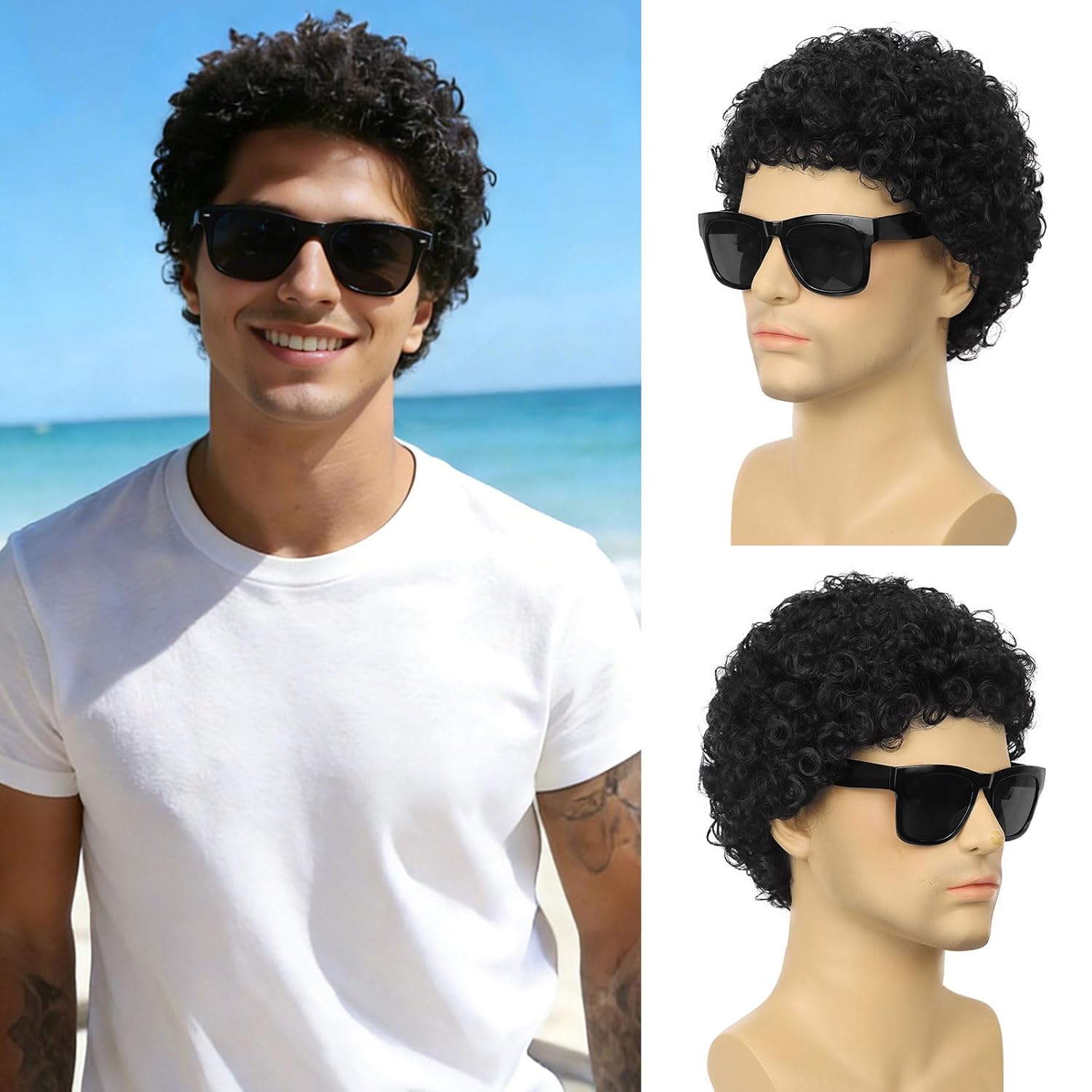 Mens Short Curly Hair Wig + Glasses for Male 70s 80s Disco Wig Guy Afro Curly Black Rocker Wigs Elf Costume Halloween Cosplay Party Wigs（1B）