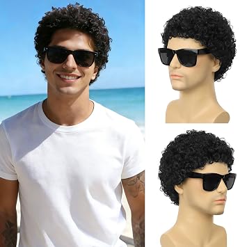 Mens Short Curly Hair Wig + Glasses for Male 70s 80s Disco Wig Guy Afro Curly Black Rocker Wigs Elf Costume Halloween Cosplay Party Wigs1B