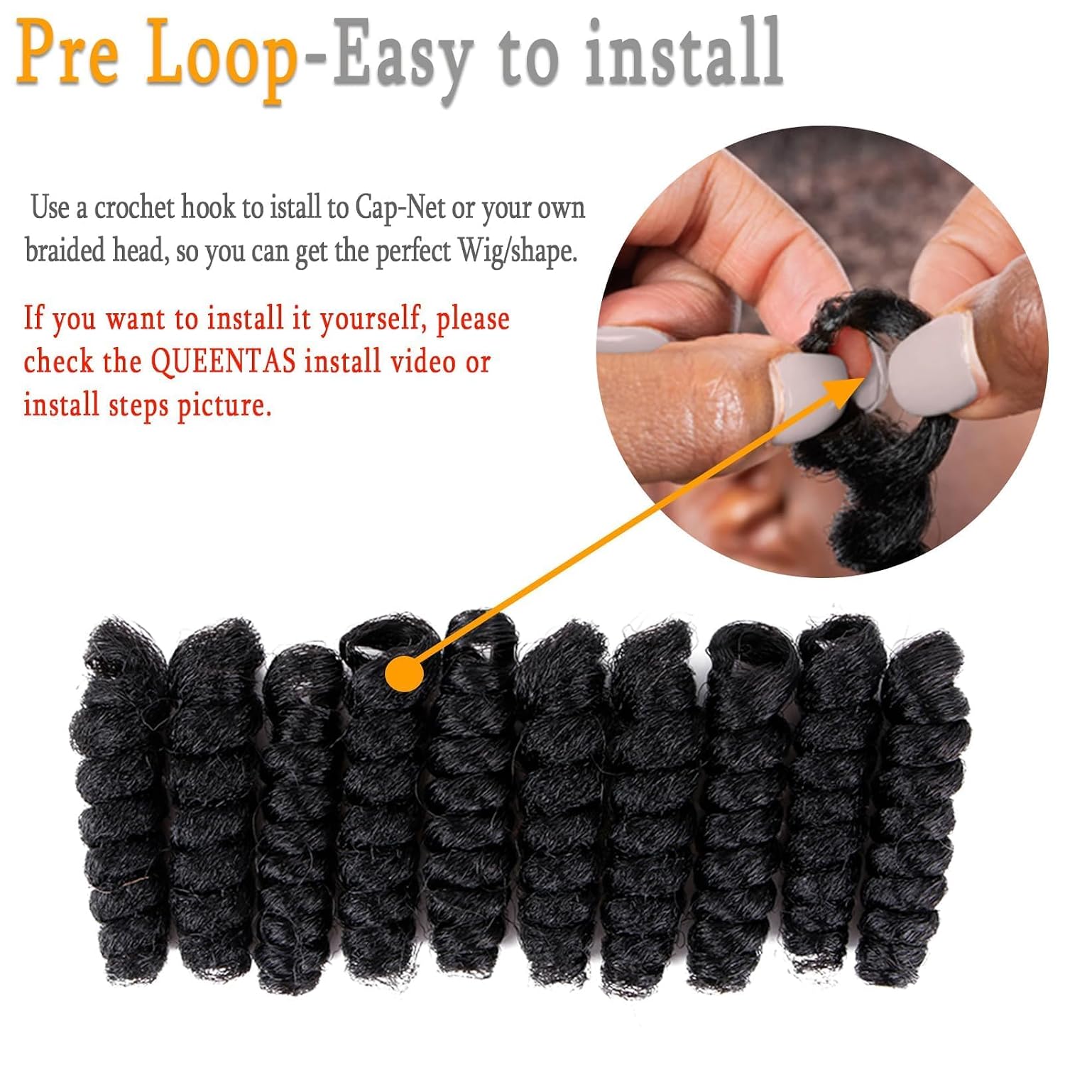 QUEENTAS 3 Packs 10 Inch 12MM Short Prelooped Synthetic Crochet Hair Extensions for Black Women, Lightweight African Braids with Jamaican Bounce Ringlet Wand Curl, Perfect for Daily（1B Natural Black）