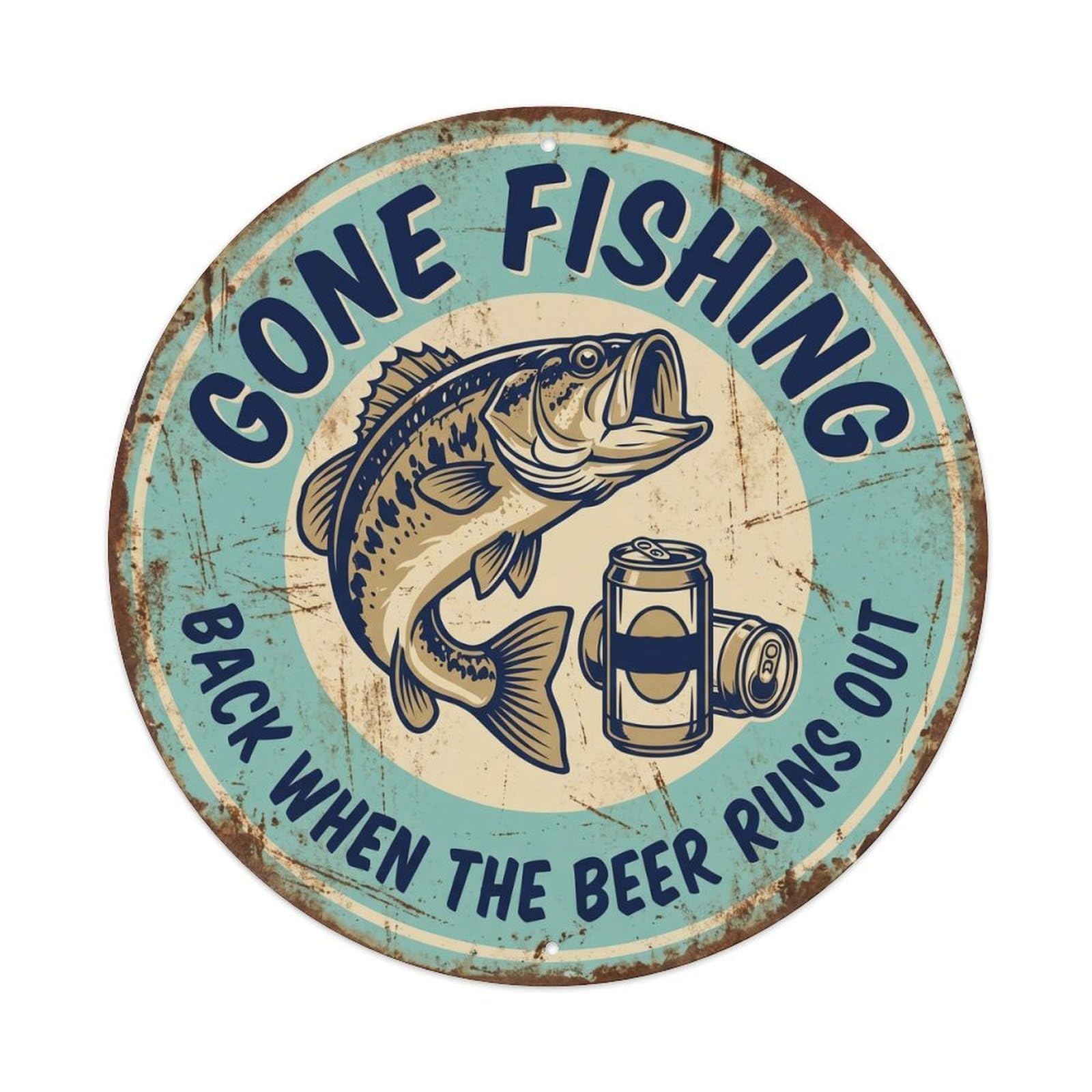 Retro Bar Style Fishing Relaxing Garage Beer Metal Tin Sign Plaque Wall Decor for Cafe, Club, Garden Round Metal Poster 8x8Inch