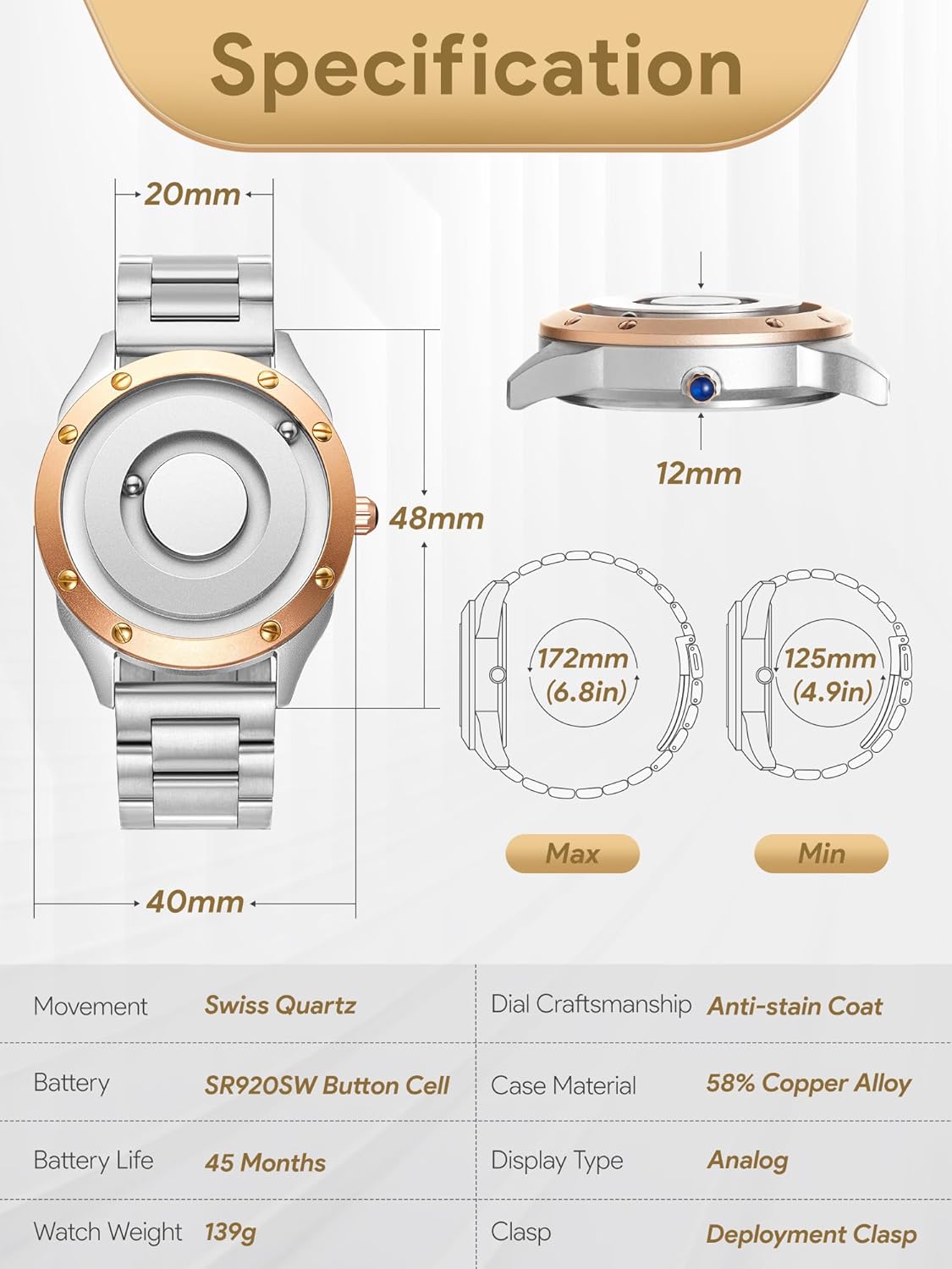 EUTOUR Magnetic Watches for Men|Unique No Hands Design with Gliding Magnet Beads Display|40mm Dial with Rivet Bezel, 3ATM|20mm Three-Link Steel Band|Fashion Watch Gifts