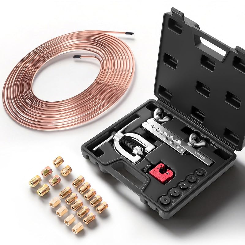 Kit de reparo e flangeamento de linhas de freio VEVOR 45° para tubos de 4,8 a 12,7 mm, aço-carbono, com linha de freio de 7,62 m e estojo, 20 peças