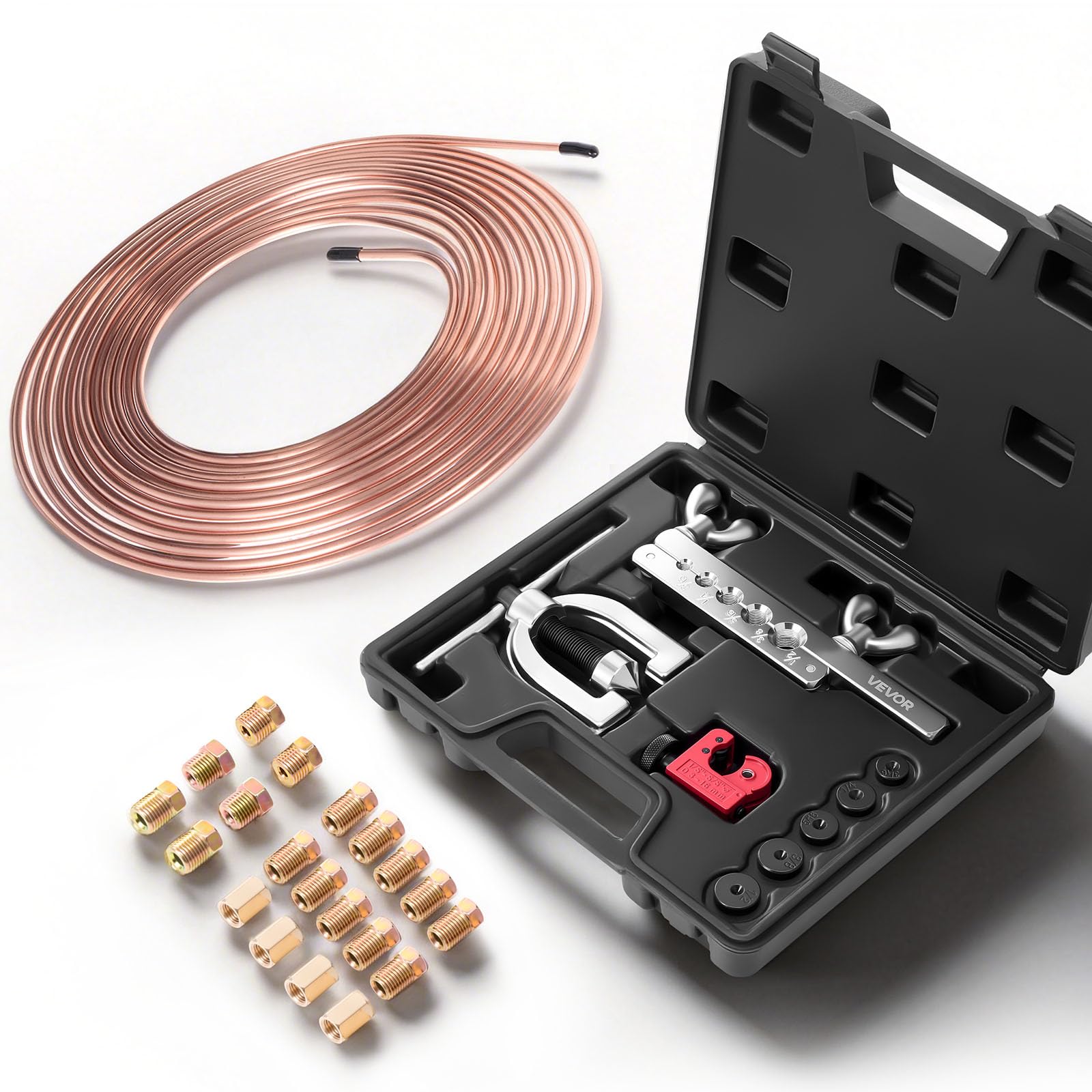 VEVOR Herramienta Abocardador Tubos de Freno, Kit de Reparación de Líneas de Freno 45 Grados Doble y Simple, Cortatubos, Adaptadores, Barra, Cono, Uniones Roscadas para Tubo de Cobre de 4,76 x 12,7 mm
