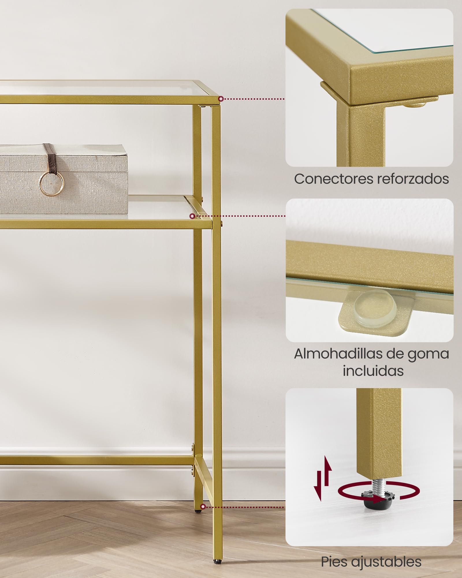 VASAGLE Mesa de Consola, Mesa de Entrada, Extremo del SofÁ, Tablero de Vidrio Templado, Marco de Metal, Patas Ajustables, para SalÓn, Entrada, Pasillo, Dorado y Transparente LGT025A01