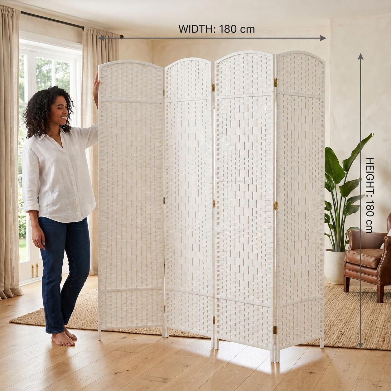 Trennwand/Raumteiler Faltbar aus Bambus - Paravent Umkleide Sichtschutz Spanische Wand - 180 x 180 cm Raumtrenner 4 teilig Leinwand - Weiß