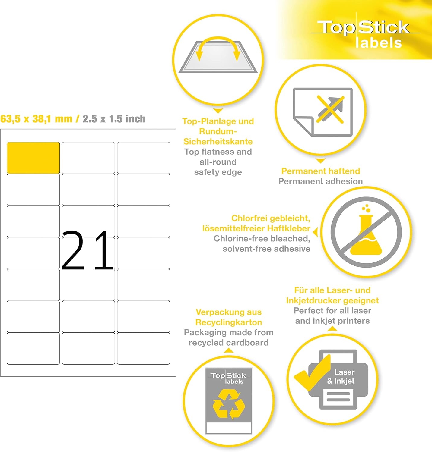 TopStick A4 Self Adhesive Address Labels, 21 Labels Per Sheet, 100 Sheets, 2,100 Labels, 63.5 x 38.1 mm, Blank Printer Labels for Laser & Inkjet, Printable Sticky Paper Labels for Office & Home