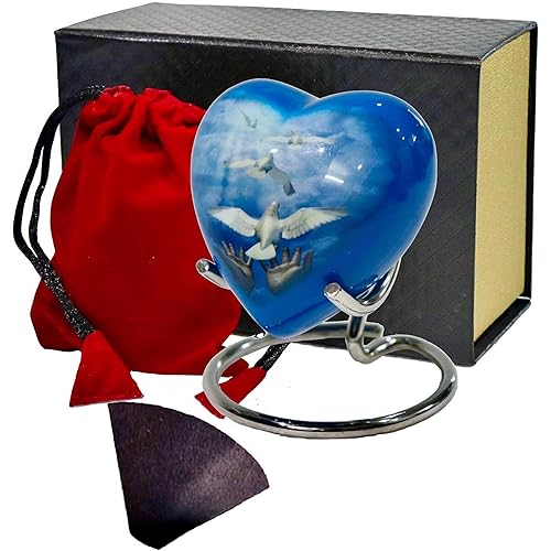 Heart Urn for Sacred Ashes Adult Male Female | Funeral Gift Pack of Dove Painted Small Heart Urn, Display Stand, Velvet Carry Bag, a Paper Funnel with Magnetic Closure Gift Box