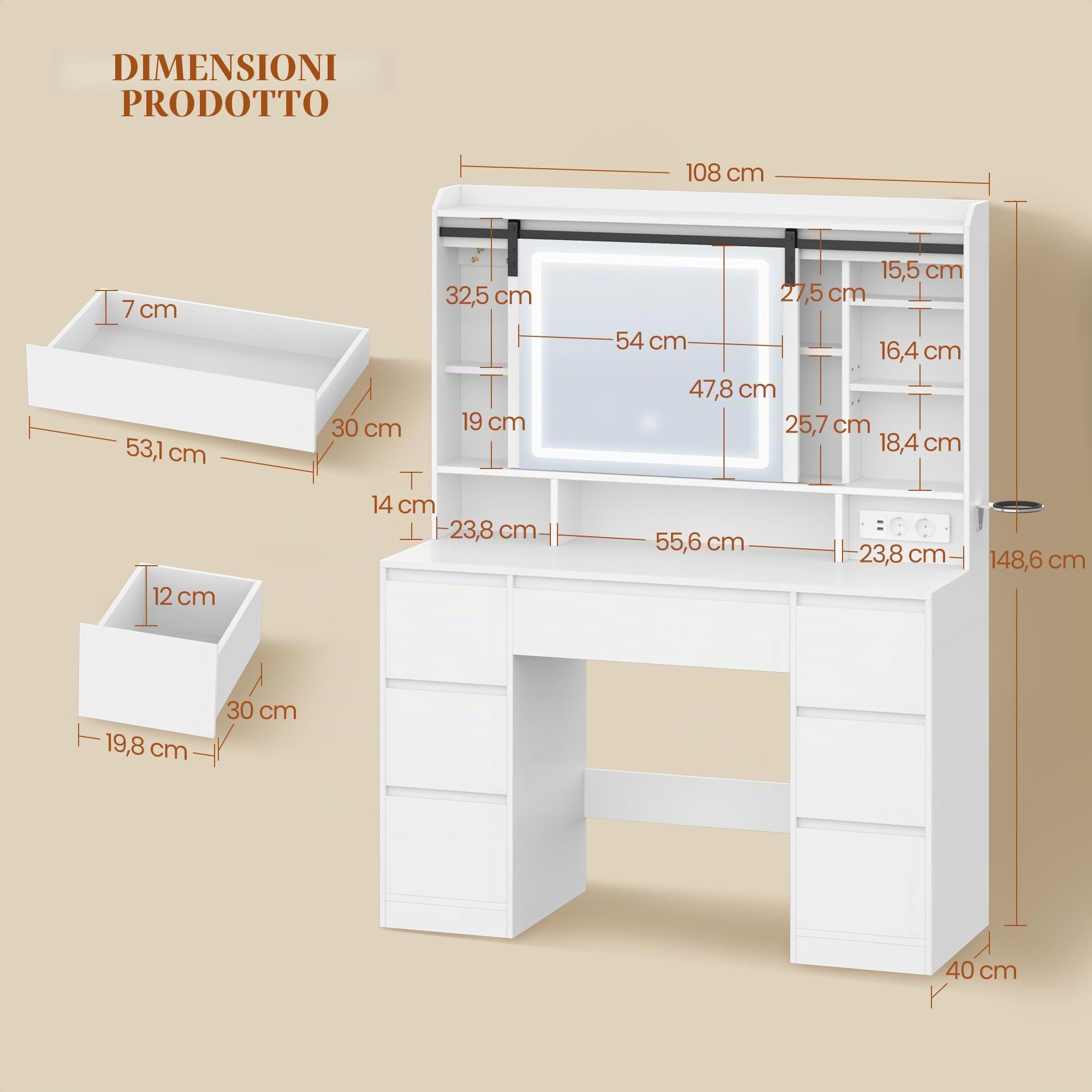 HEXCELEN 108cm Toeletta da Trucco con Specchio Scorrevole, Bianco