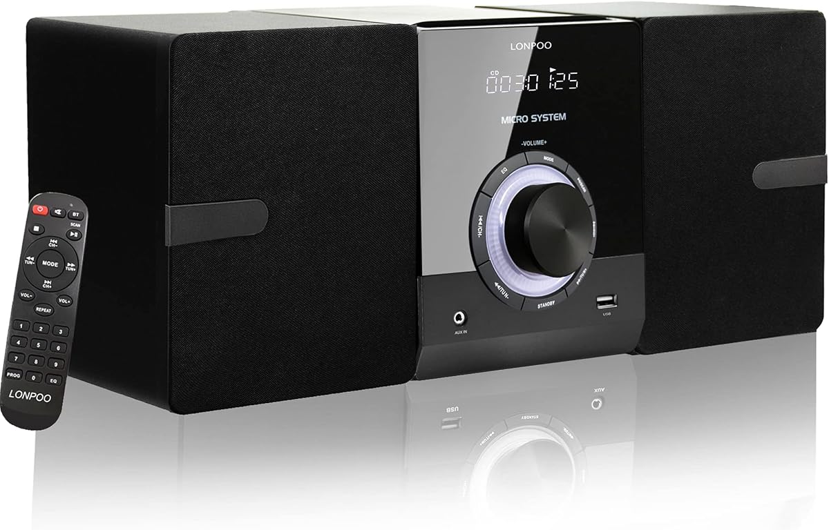 Altavoces con sistema estéreo compacto con reproductor de CD, Bluetooth, radio FM, entrada auxiliar, entrada USB, conector para auriculares, DSP-Tech, control remoto, sistema estéreo de estante con sonido nítido de 30 W para el hogar (LP-886)