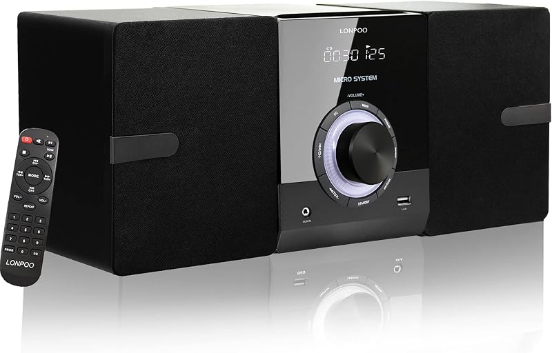 parlantes con sistema estéreo compacto con reproductor de CD, Bluetooth, radio FM, entrada auxiliar, entrada USB, conector para auriculares, DSP-Tech, control remoto, sistema estéreo de estante con sonido nítido de 30 W para el hogar (LP-886)