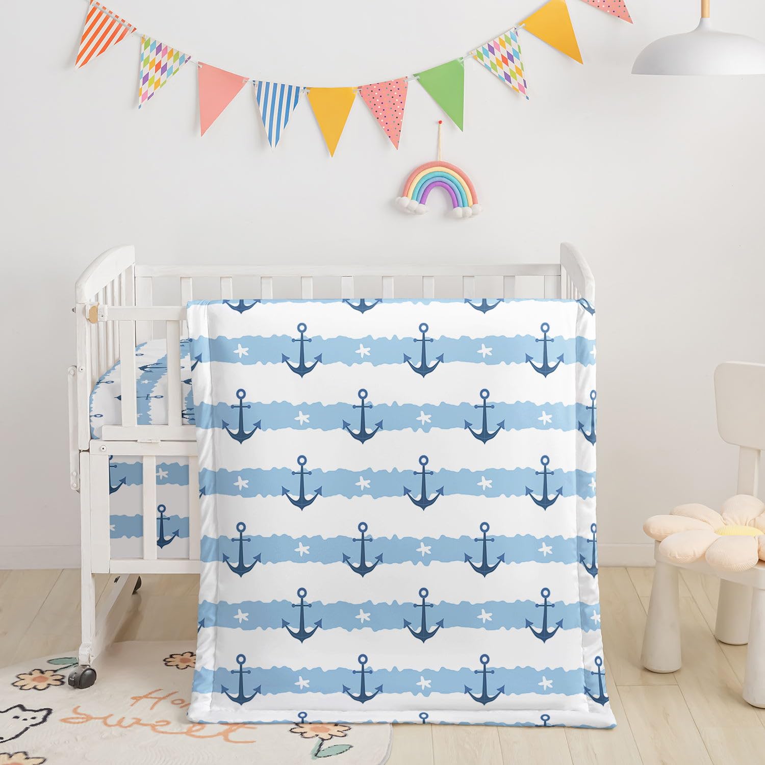Crib Bedding Set, 3-Piece Nursery Bedding with Comforter, Crib Sheet &amp; Crib Skirt, Blue White Stripes Starfish Anchor Nursery Bedding for Baby Boys and Girls (Anchor Blue)