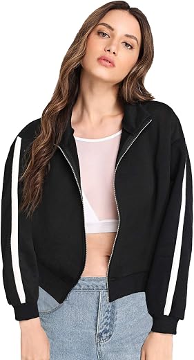 Fabricorn Women's Fleece Collared Neck Sweatshirt (SS03_Blk_Slv1WhtStripe_P_Black