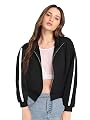 Fabricorn Women's Fleece Collared Neck Sweatshirt (Ss03_Blk_Slv1Whtstripe_M_Black_M)