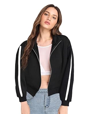 Fabricorn Women's Fleece Collared Neck Sweatshirt (Ss03_Blk_Slv1Whtstripe_M_Black_M)