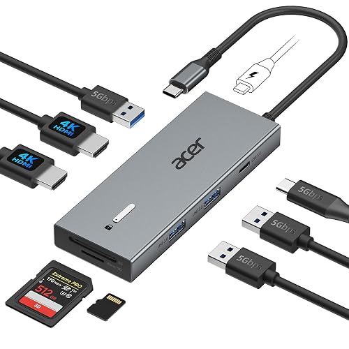Acer USB-C Docking Station Dual Monitor, 9-in-1 Laptop Dock with 2 HDMI | Laptop Docking Station with 4K@60Hz HDMI, USB A&C 3.0, SD/Micro SD, 100W PD Compatible with Acer/Dell XPS/HP/Mac (0.65FT)
