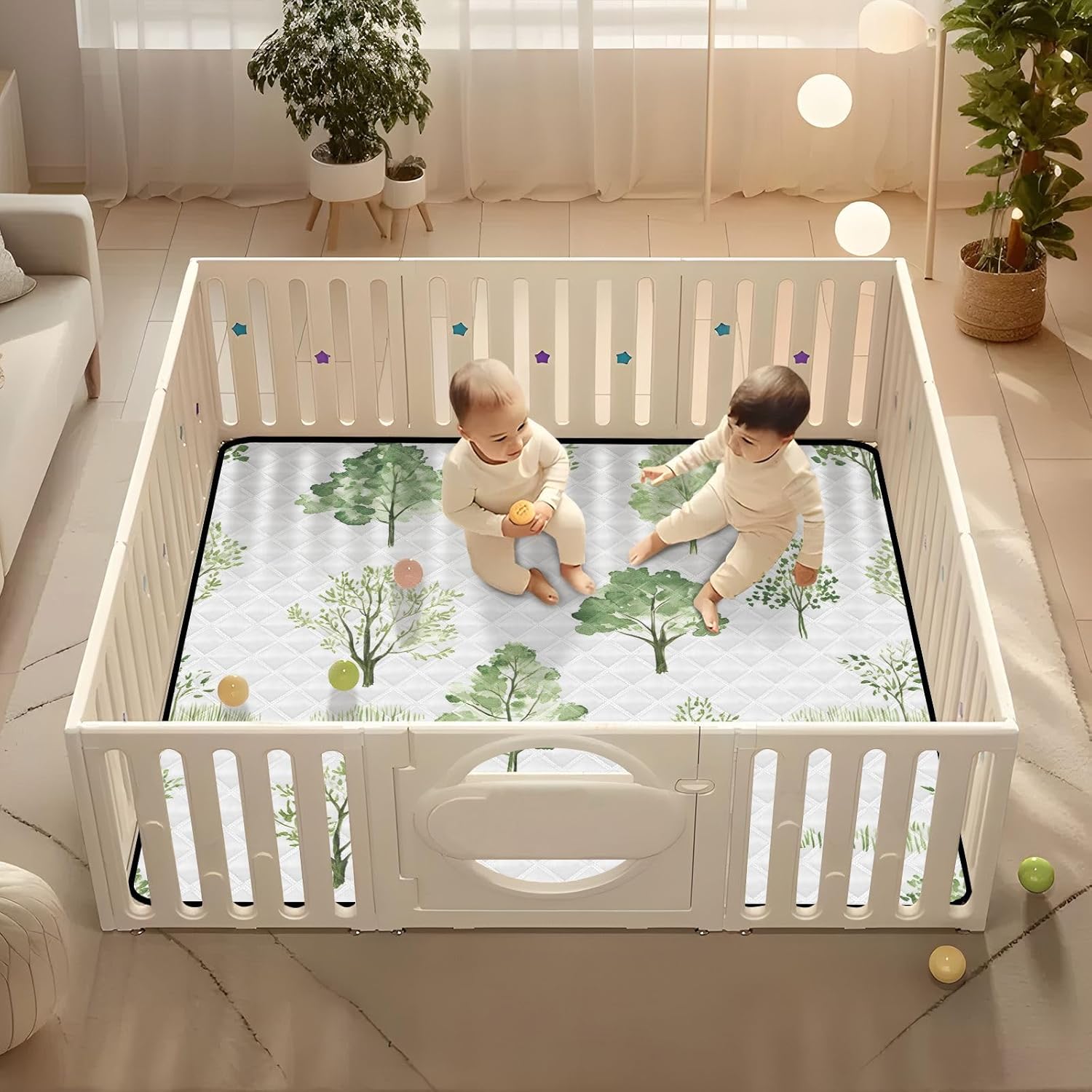 Watercolor Tree & Grass Pattern Baby Play Mat, 50“ X 50” Washable Folding Crawling Mat, Baby Floor Mat, Soft, Thick, Non-Slip