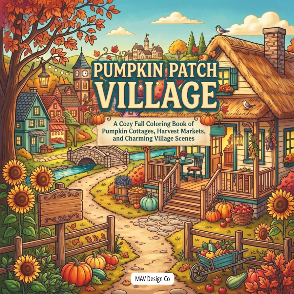 Pumpkin Patch Village: A Cozy Fall Coloring Book for Adults with Pumpkin Cottages, Harvest Markets, Sunflower Gardens, and Charming Village Scenes