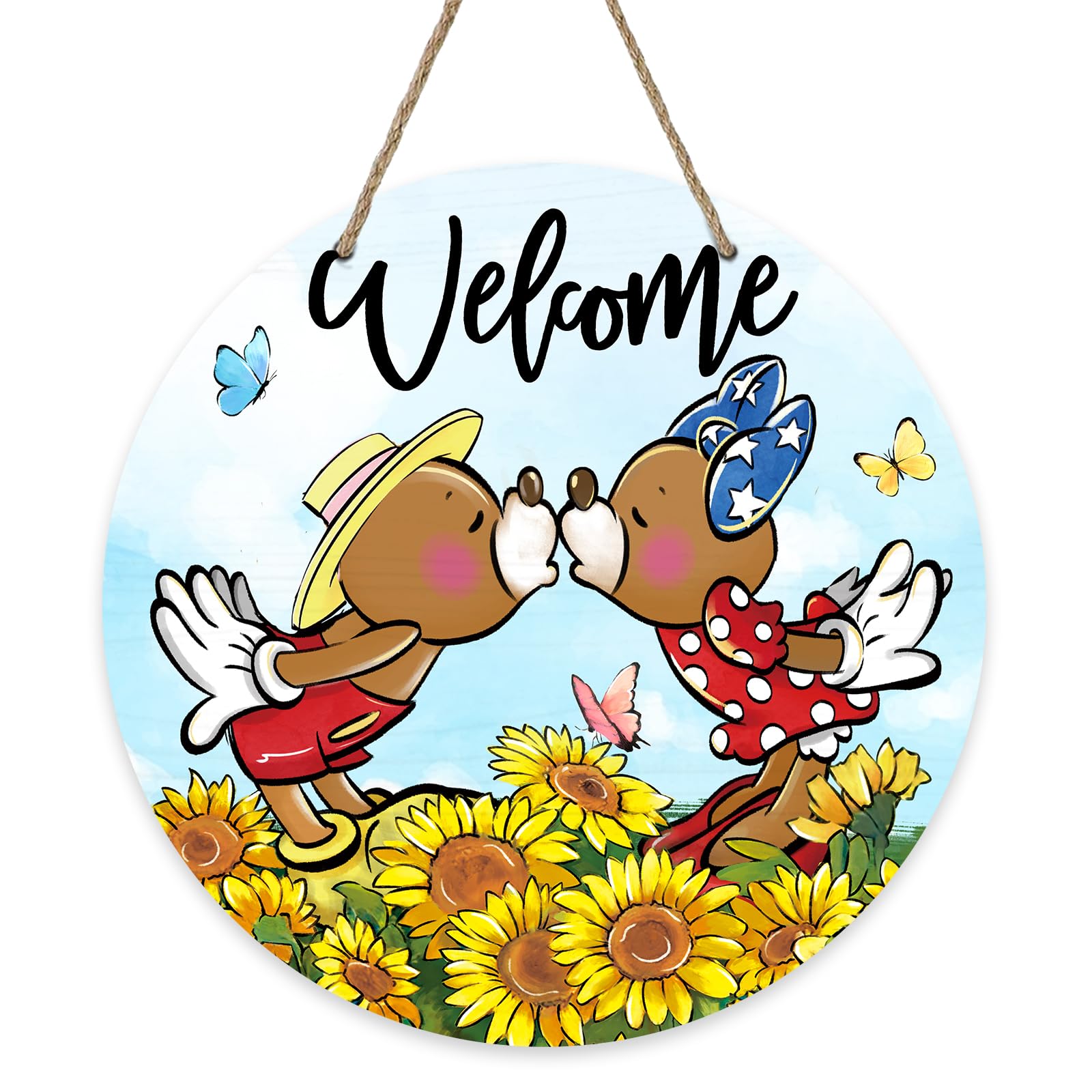 Bolisom Welcome Spring Summer Cartoon Mouse Front Door Sign, Sunflower Floral Butterfly Wood Door Hanger Outdoor Outside Porch Decor, Fall Autumn Seasonal Wooden Wreath Indoor Wall Hanging Decoration-picture-15