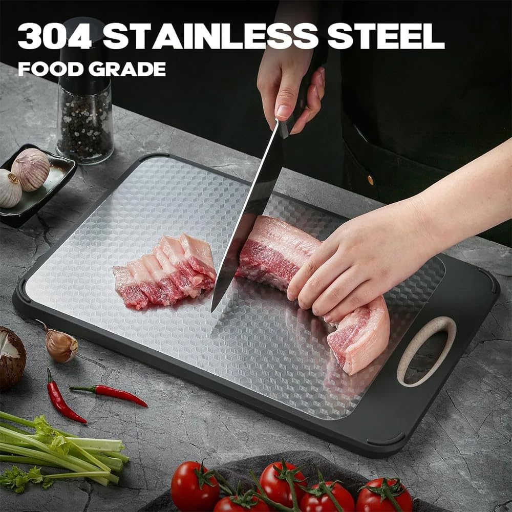 Double Sided Cutting Board, 304 Stainless Steel, steel cutting boards for kitchen,and Cutting Board Double Sided,2 sided cutting boards for kitchen, Large Size 16''+11'', Easy to Clean,